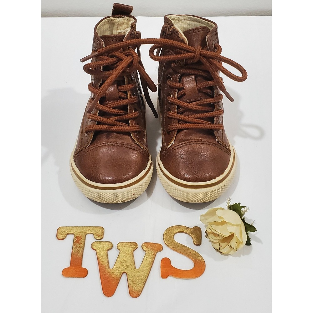 Toys R Us koala Kids Brown Faux Leather High Top Sneakers Side Zip Size 4